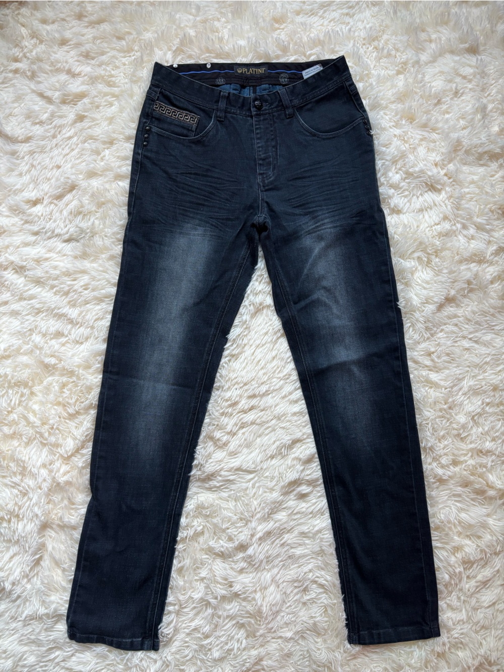 Platini Jeans Mens 30x32 Black Greek Key Trim Medallion Skinny Denim